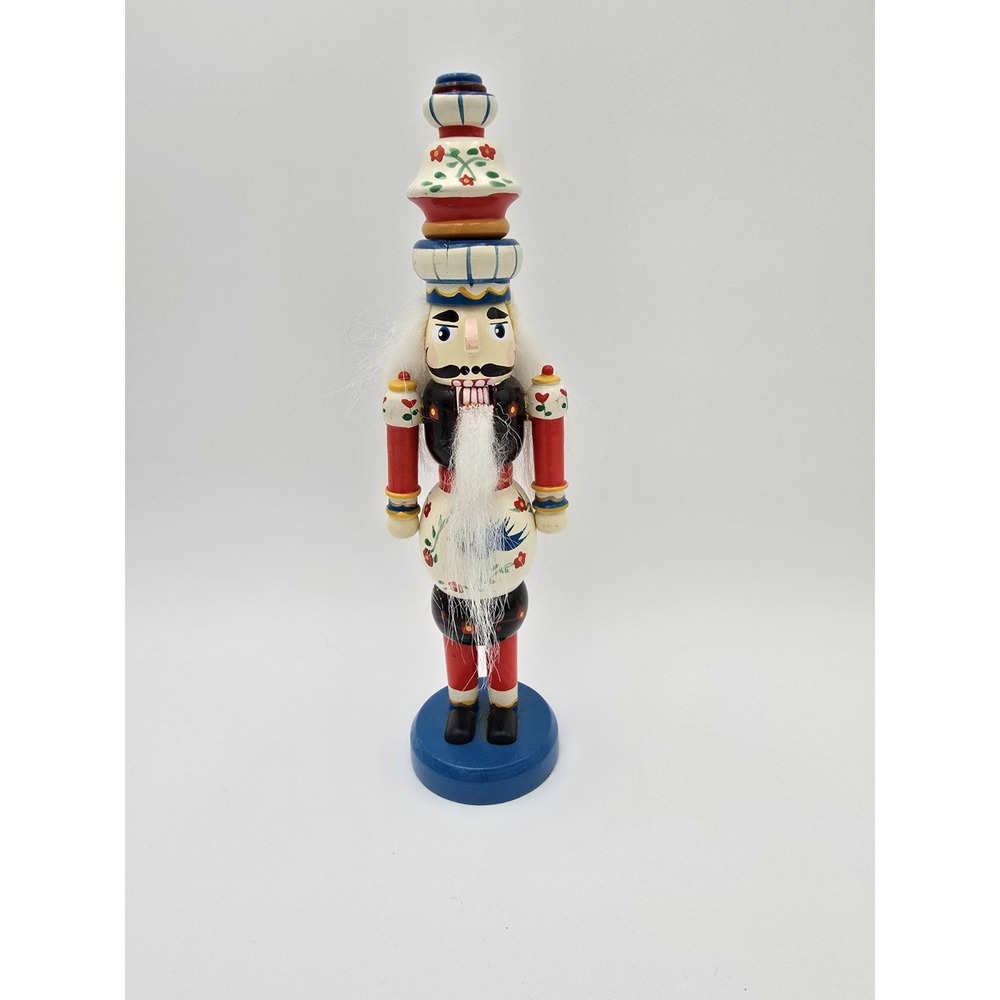 Vintage Nutcracker 9.5" Painted Flowers Figi Graphics Blue White Red